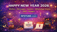 Happy New Year 2026 wishes messages quotes WhatsApp status and SMS greetings with NFSTUBE.com branding