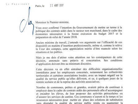 Courrier du Président du Sénat, M. Larcher au Premier Ministre sur les contrats aidés