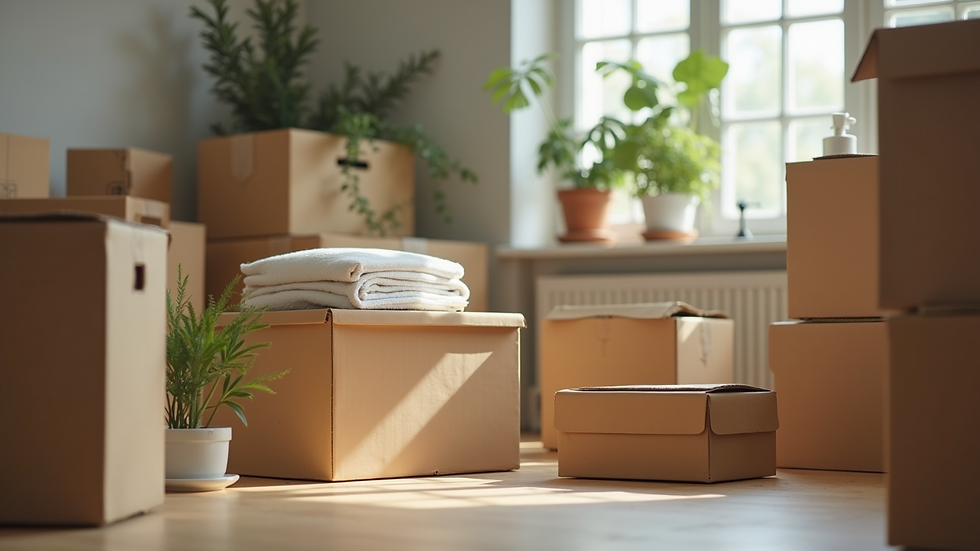 Eye-level view of a neatly organized rental kit with moving supplies