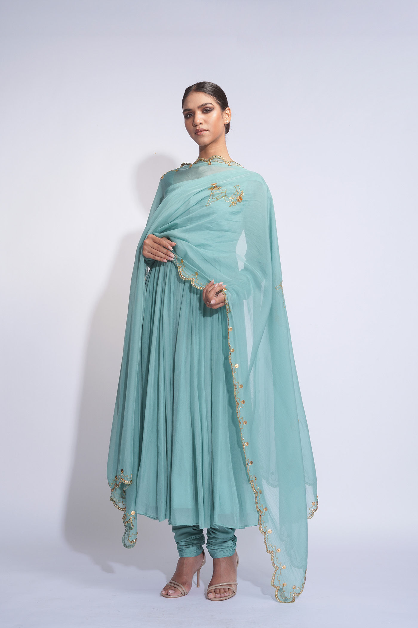 Teal Timeles Anarkali & Churidar Set with Embroidered Organza Dupatta | SHRUTI S