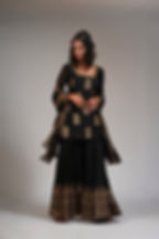 Pineapple motif black silk sharara set with hand block prints by SHRUTI S