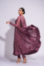 Wine organza jacket anarkali with intricate hand block print and shimmering gota highlights by SHRUTI S