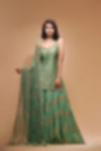 Sage green sharara set with hand embroidery and traditional block print by SHRUTI S