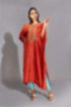 Thumbnail: Side view of loose-fit kaftan sleeves on silk kurta – SHRUTI S plus-size friendly design