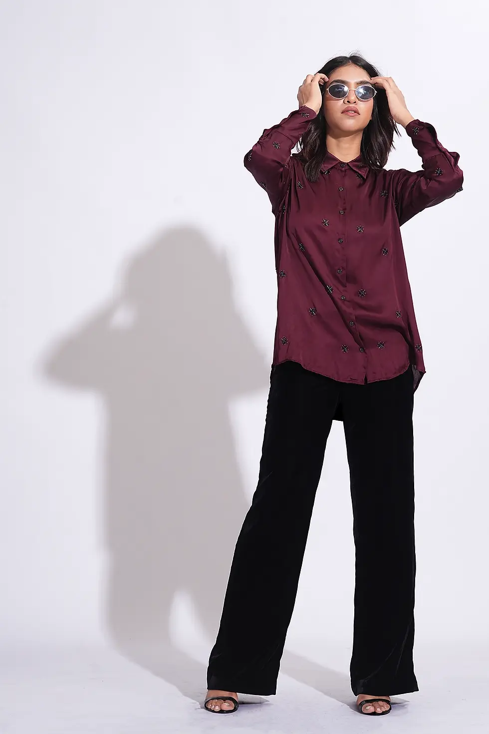 Thumbnail: Burgundy Satin Formal Shirt with Black Hand embroidery