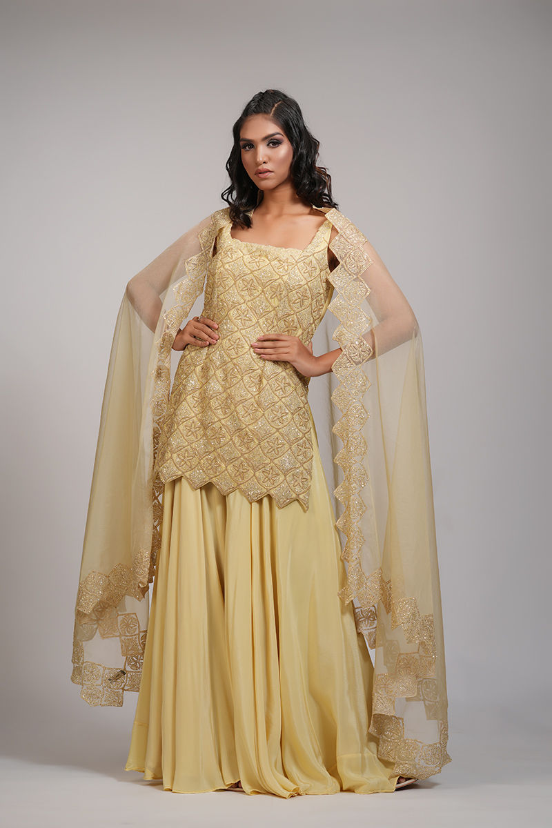 SHRUTI S - fashion designer Chandigarh , wheat yellow sharara suit with gold embroidery for haldi, weddings, sangeet