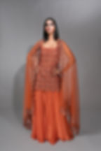 SHRUTI S - fashion designer Chandigarh , orange sharara suit with gold embroidery for haldi, weddings, sangeet