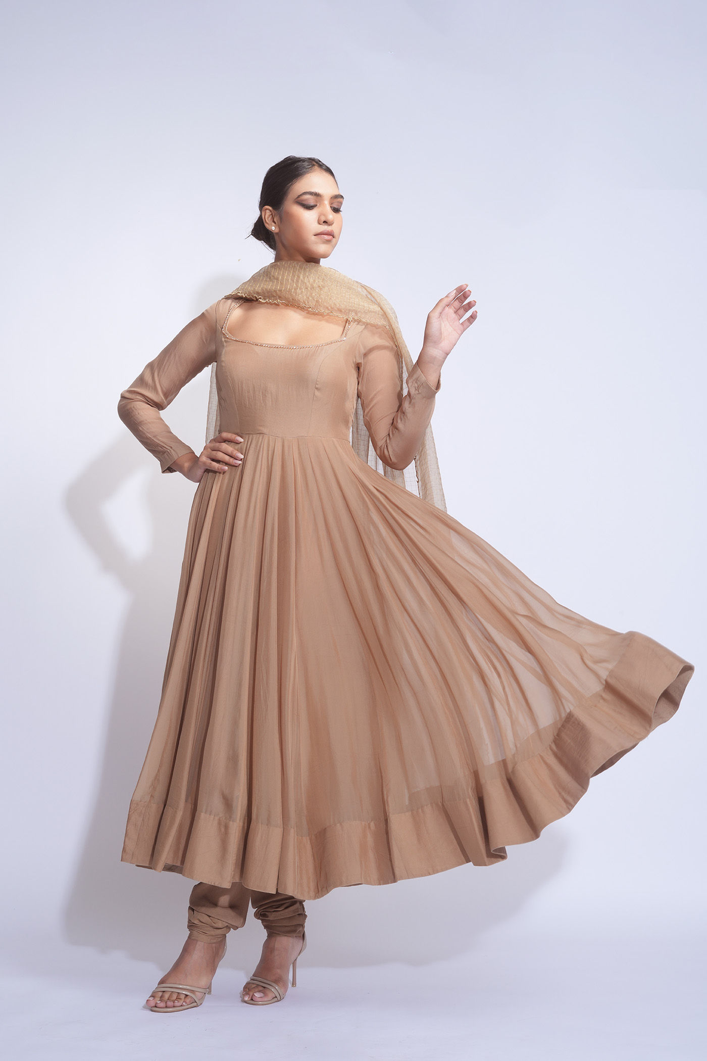 Golden Anarkali Suit with Churidar & Zari Organza Dupatta | Designer Indian Wear