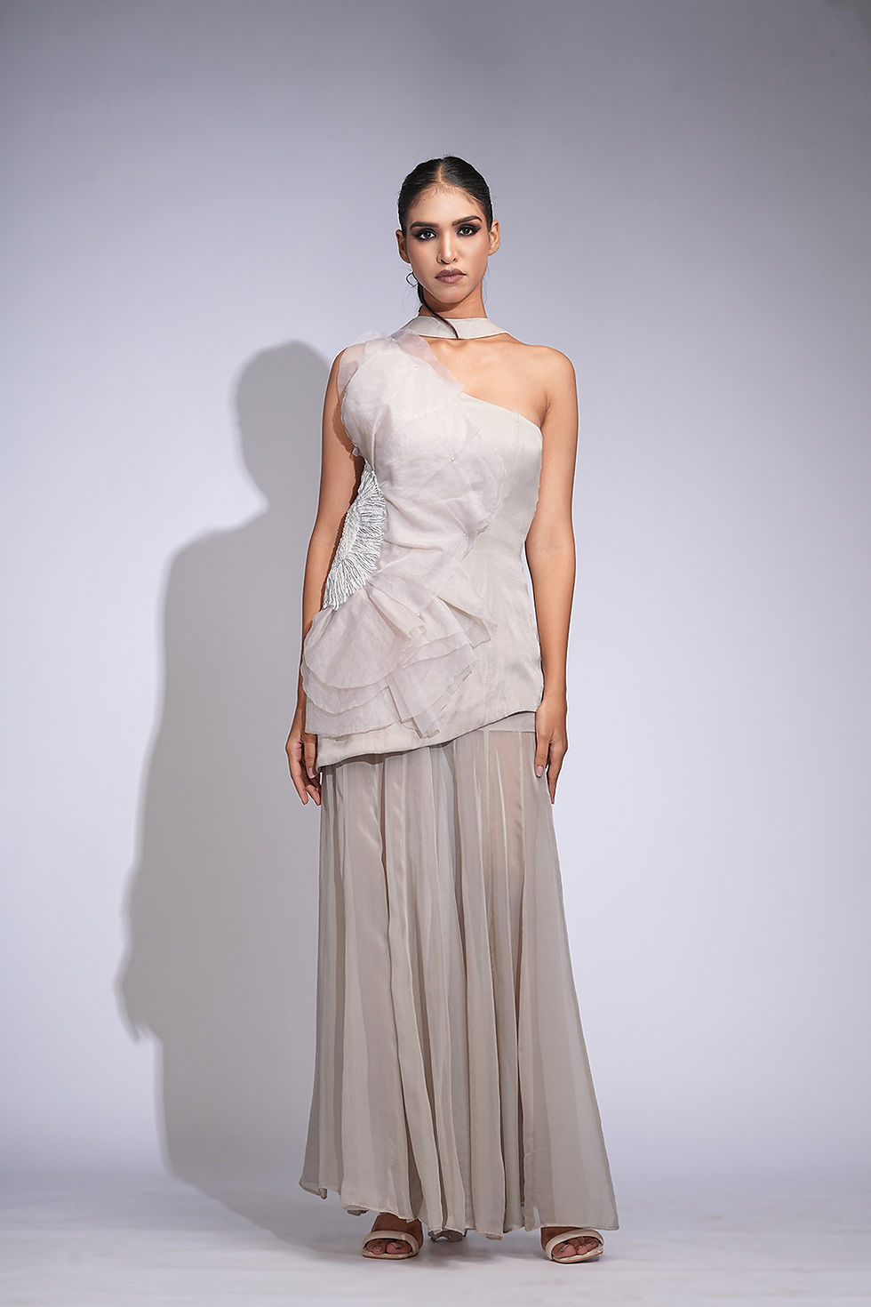 Thumbnail: Minimalist cocktail dress with neck scarf and floral embellishment – SHRUTI S couture