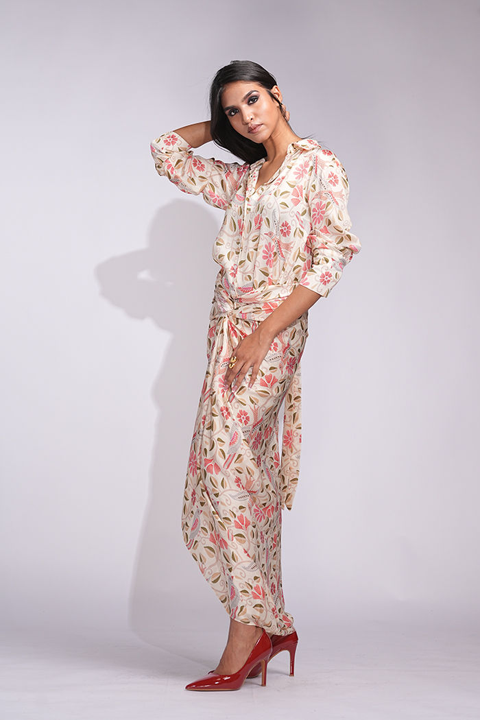 Thumbnail: Kantha Bird Print Satin Shirt with wrap skirt Coord set by SHRUTI S