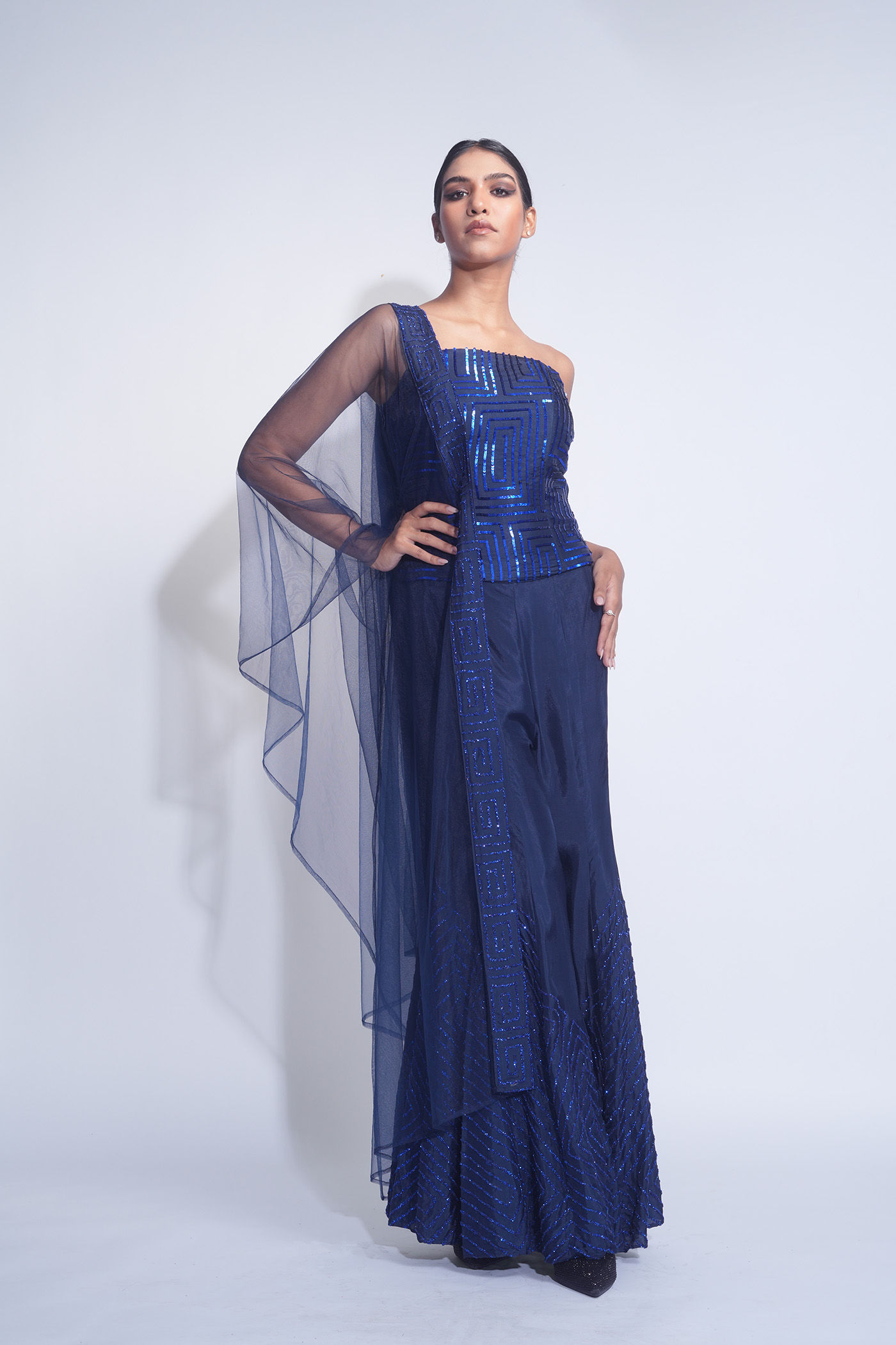 Navy Blue Silk Sharara Pants & Corset Set | Designer Indian Wear by SHRUTI S
