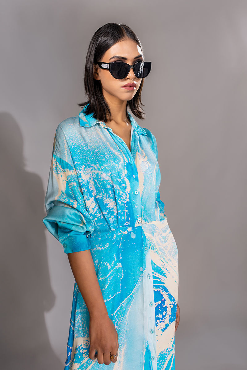 Thumbnail: Blue Marble print satin Dress
