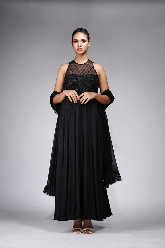 Thumbnail: Black Anarkali suit in silk with embroidered detailing by SHRUTI S Couture anarkali suit with tone-on-tone embroidery