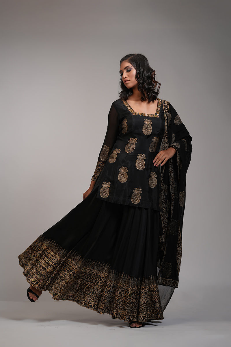 Thumbnail: Pineapple motif black silk sharara set with hand block prints by SHRUTI S