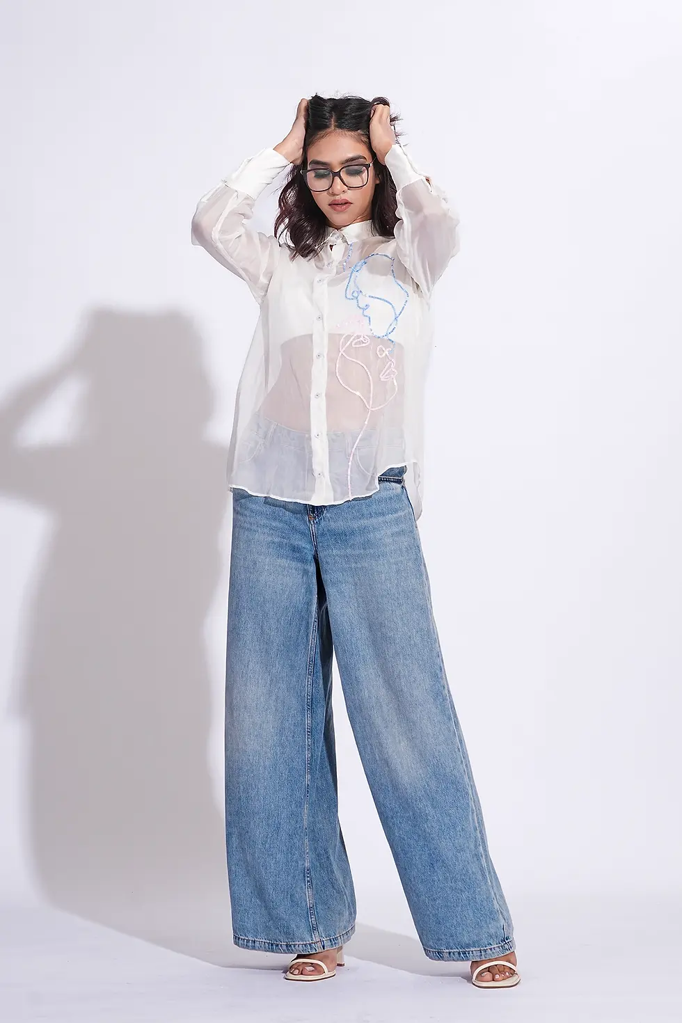 Thumbnail: White Organza Formal Shirt with abstract faces embroidery