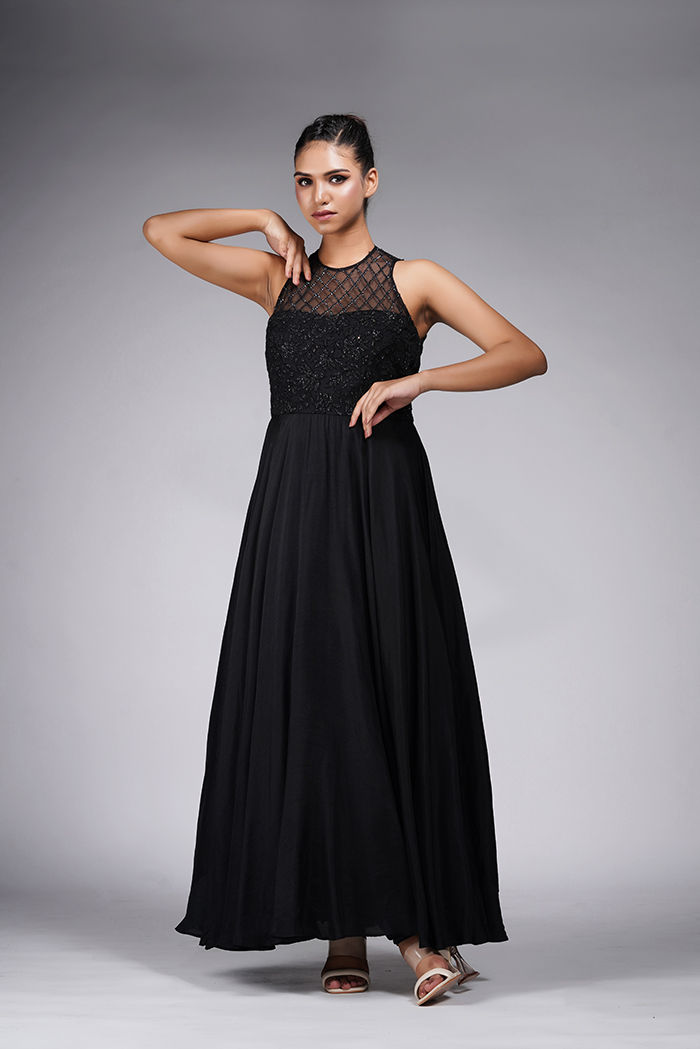 Thumbnail: Indian designer black anarkali set with sequins and thread work Festive wear black suit for Indian weddings and parties