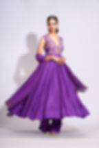 Model in royal purple silk Anarkali with frill dupatta – Divine Collection by SHRUTI S