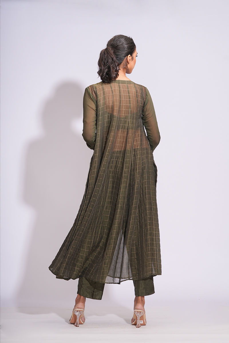 Back view of panelled organza kurta highlighting structure, styling, and couture tailoring