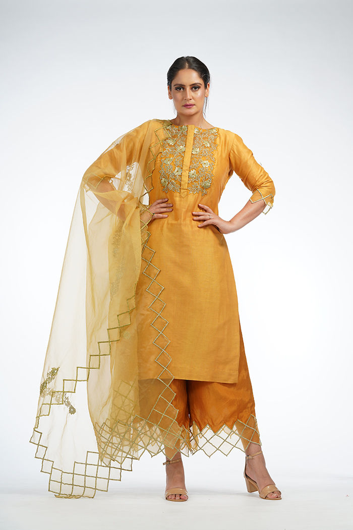 Mustard Yellow Palazzo Suit in silk with Zari Embroidery for haldi, mehendi, Pooja, trousseau by SHRUTI S