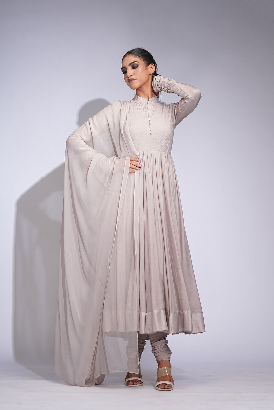 Nude Beige Mul Cotton Anarkali with Georgette Dupatta โ SHRUTI S