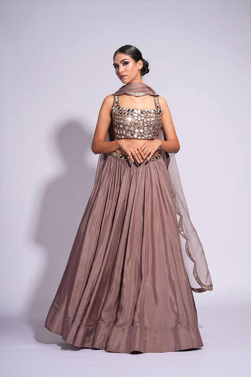 Thumbnail: Full-length view of silk lehenga in antique gold with nude accents, perfect for weddings or sangeet – SHRUTI S