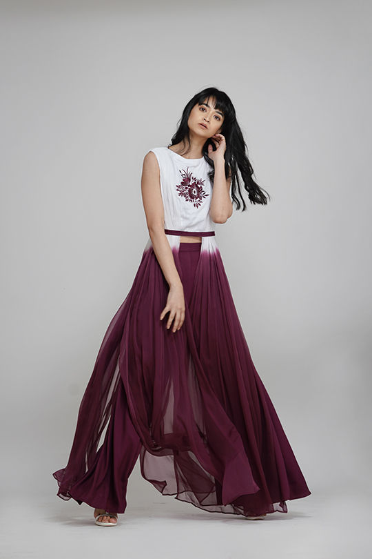 Thumbnail: Model wearing ombre wine-white coord set by SHRUTI S – perfect for holiday or brunch