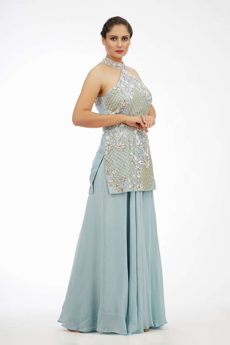 Thumbnail: Lightweight silk sharara suit in soft blue tones with couture craftsmanship