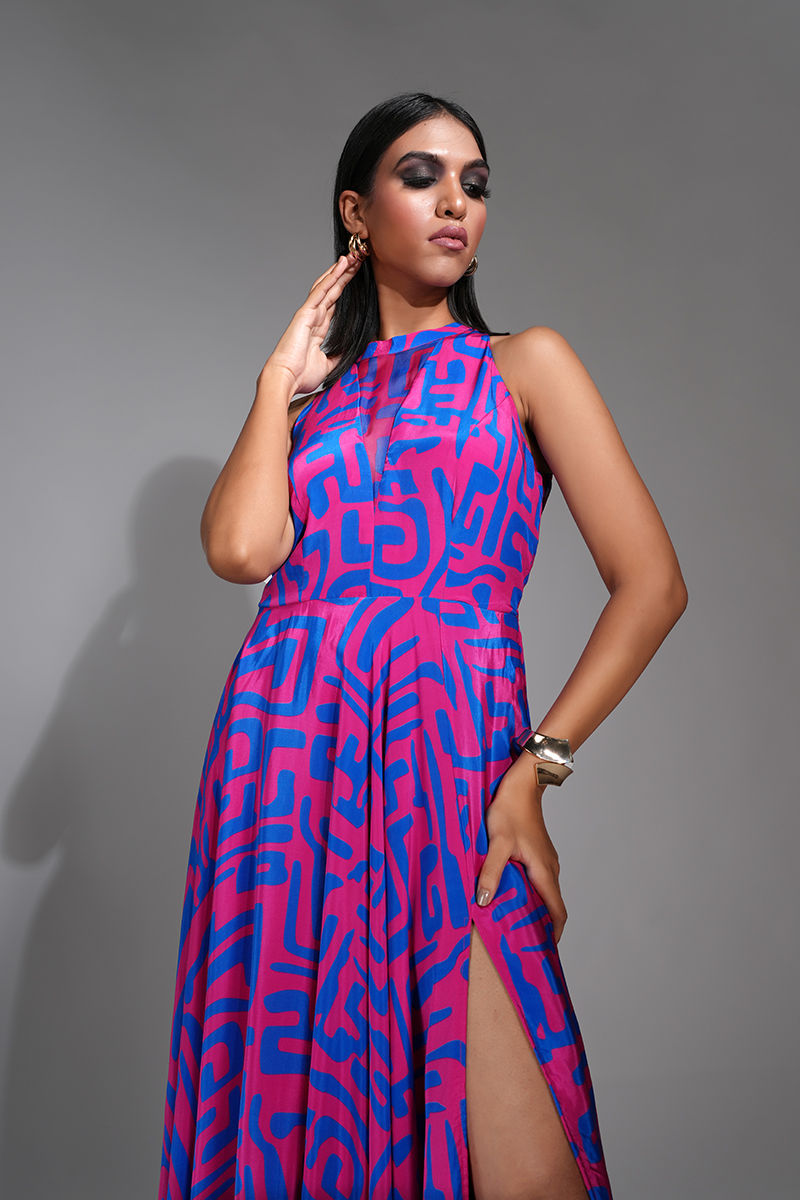 Thumbnail: Breezy maxi dress in blue & purple print with organza panels. Vegan crepe fabric. Perfect summer wear from SHRUTI S.