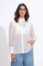 Thumbnail: White Organza Formal Shirt with abstract faces embroidery