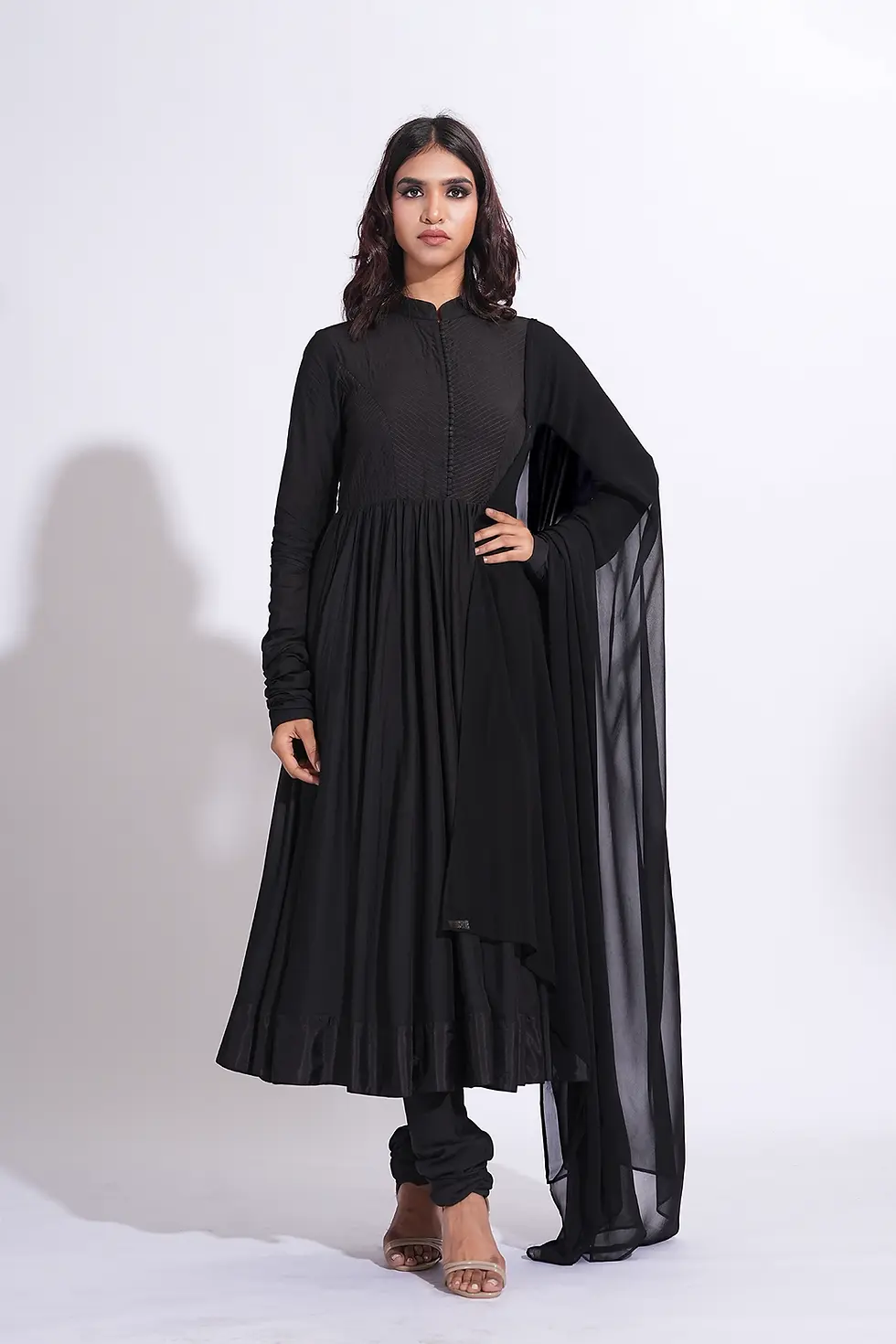 Thumbnail: Black Mul Cotton Anarkali with Georgette Dupatta – SHRUTI S