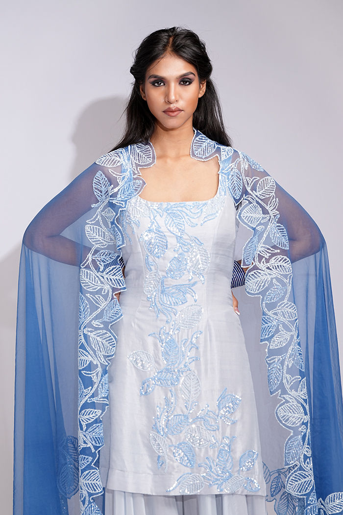 Shades of blue sharara suit with tone on tone embroidery by SHRUTI S for cocktails and sangeet