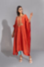 Model wearing silk kaftan suit with embroidered neckline and loose sleeves – SHRUTI S Indian couture