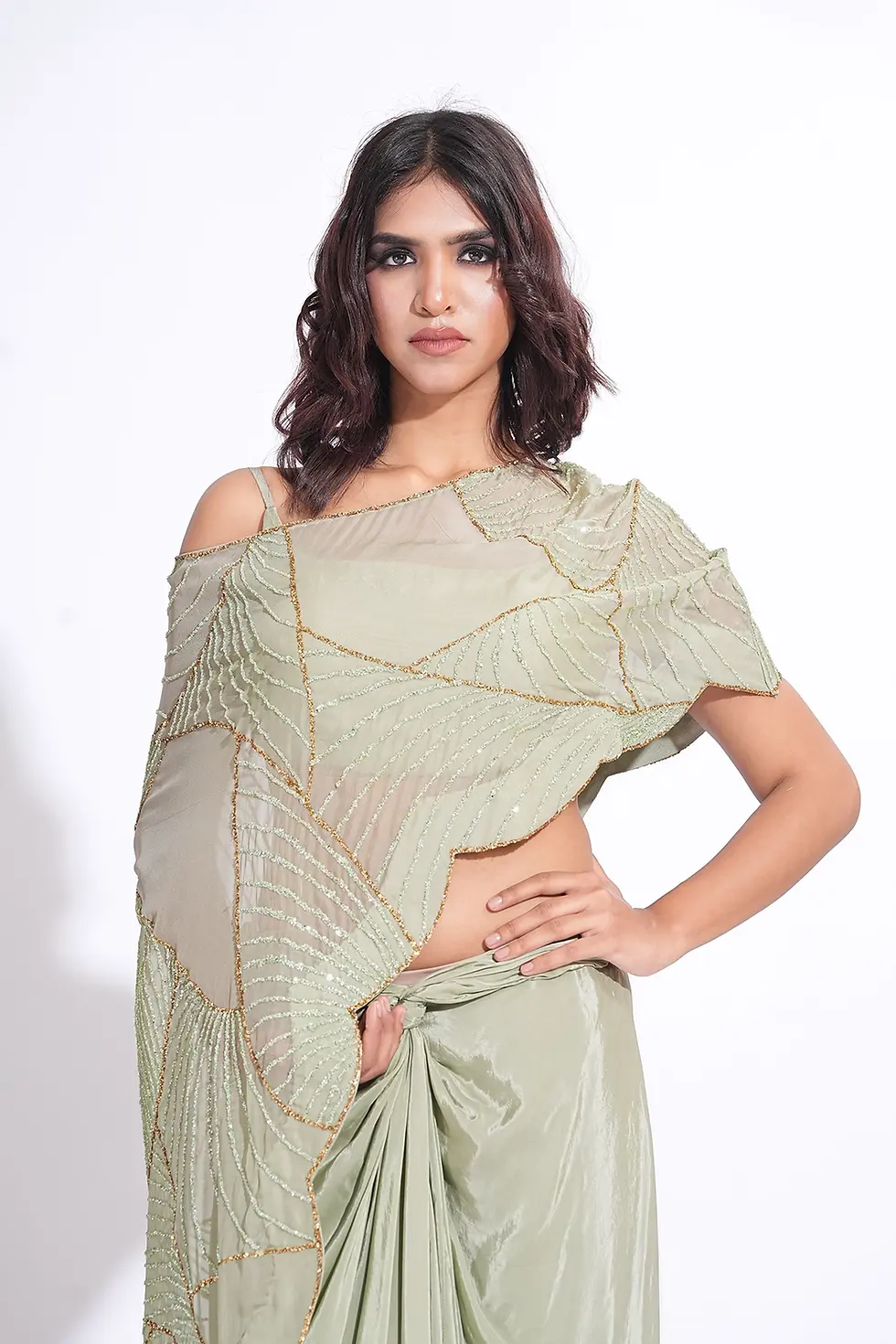 Thumbnail: Sage green Drape Crepe Skirt with  Cape with tone-on-tone and Gold Embroidery