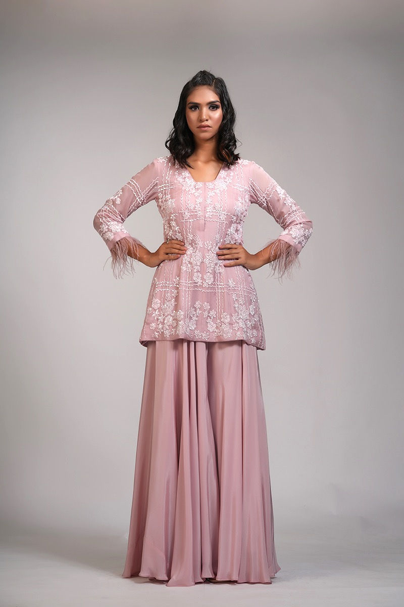 Thumbnail: Pink Embroidery Sharara with Feathers