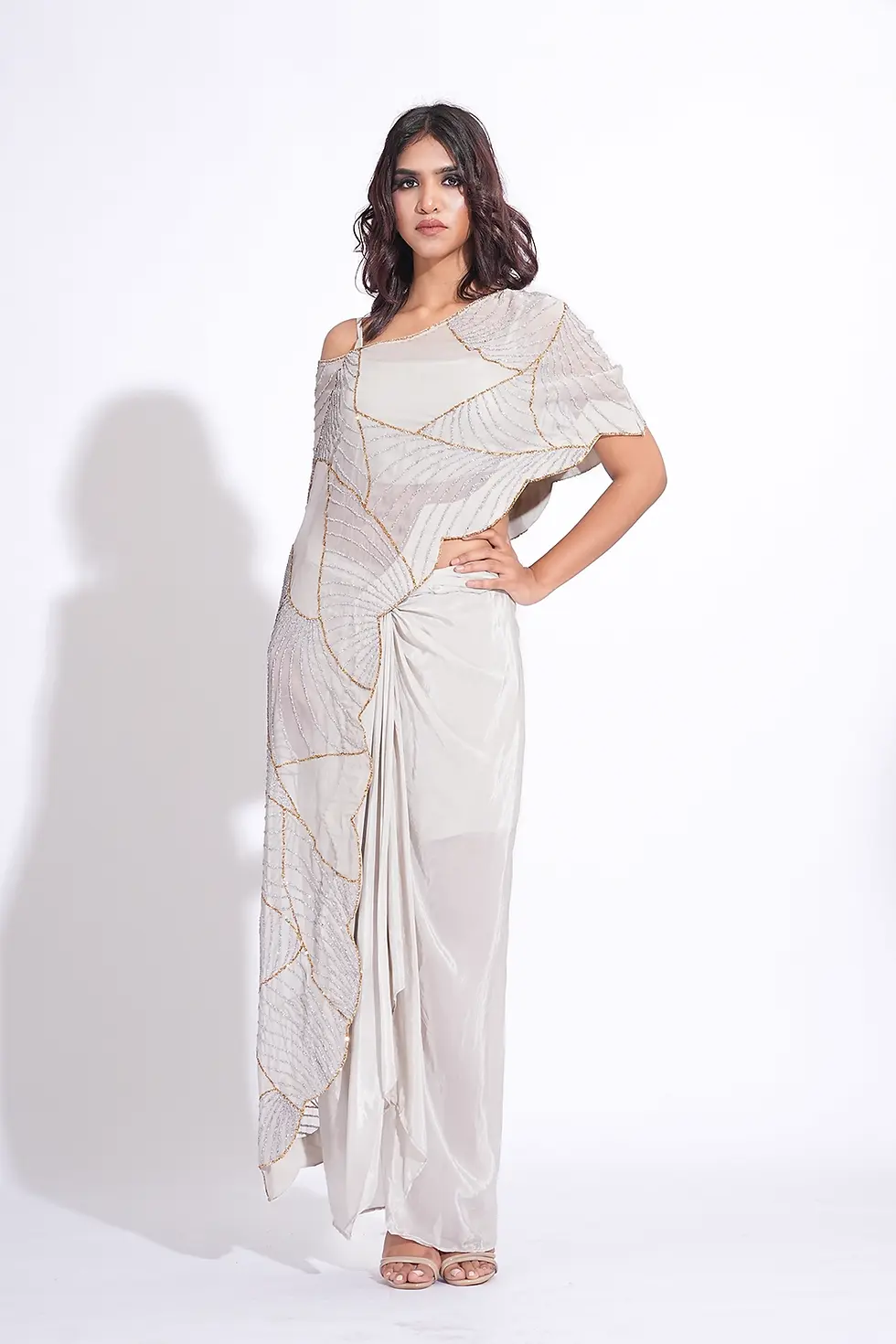 Thumbnail: Taupe Drape Crepe Skirt with Organza Cape with White and Gold Embroidery