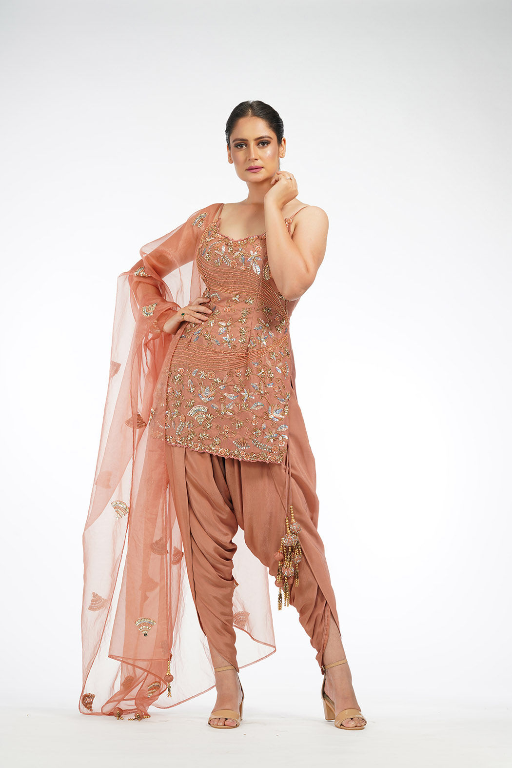 Model wearing modern silk dhoti salwar suit with scalloped kurti – SHRUTI S couture