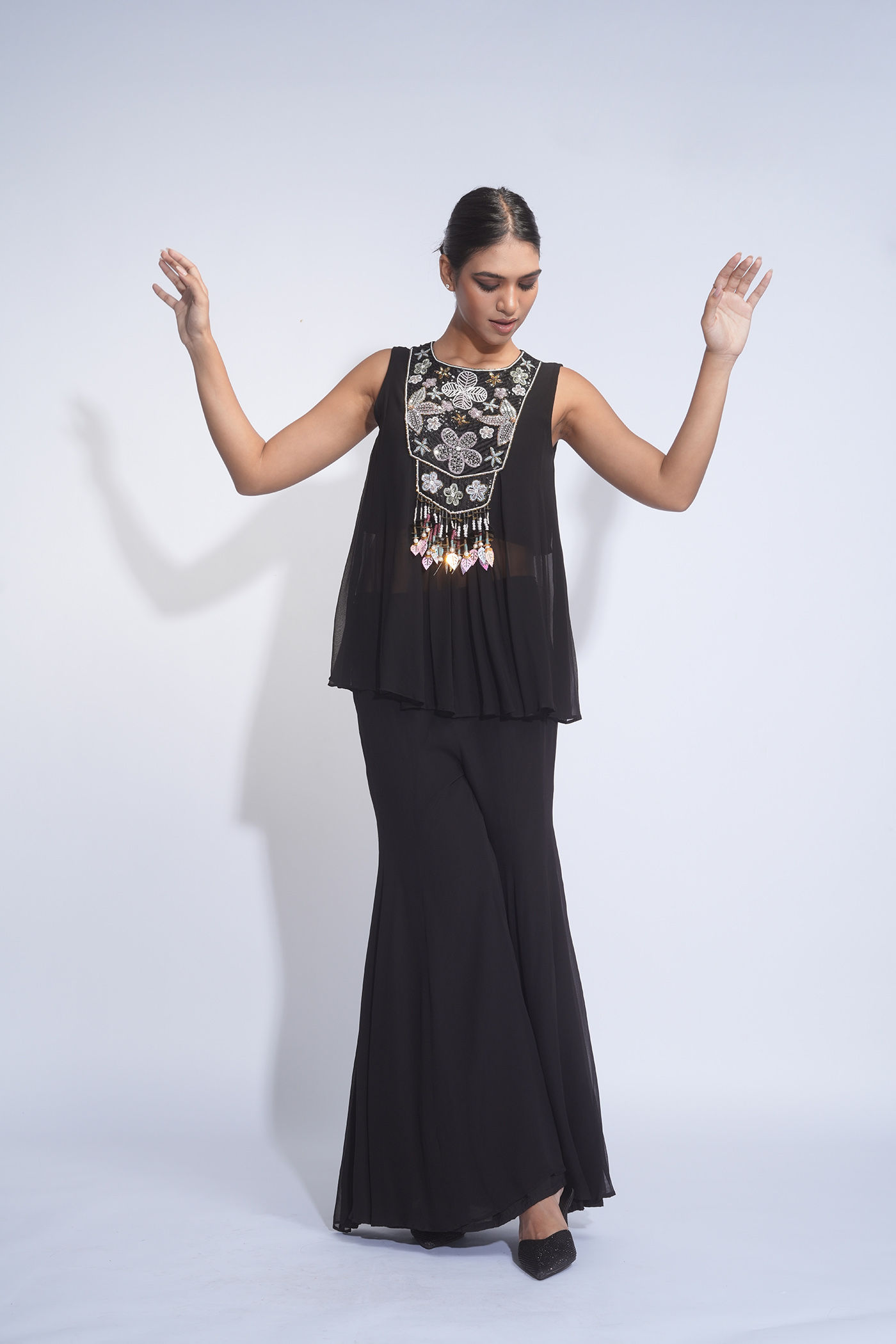 Black Embroidered Sharara Set in Georgette