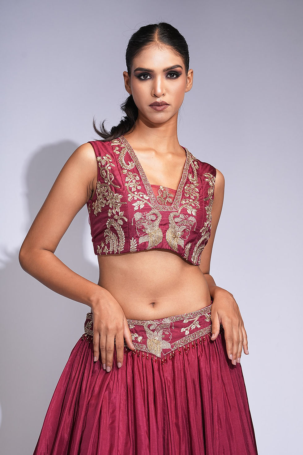 Thumbnail: Gold zari and dori embroidered silk blouse with deep neckline and conceptual back – SHRUTI S