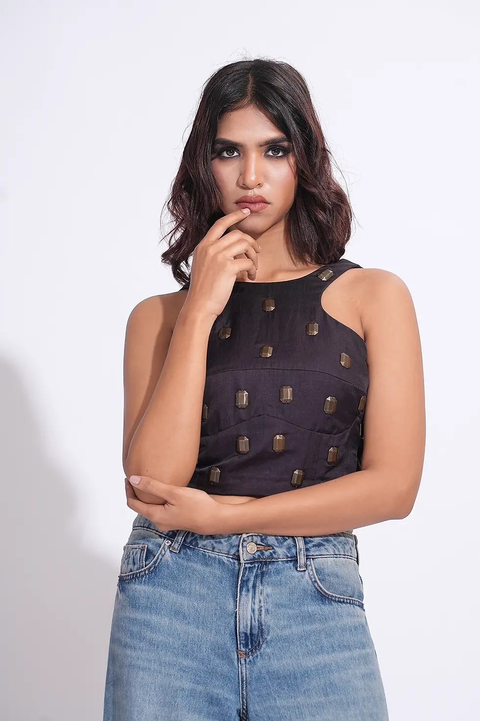 Thumbnail: Smoked Purple Satin Top with Gold metallic embroidery and tassels