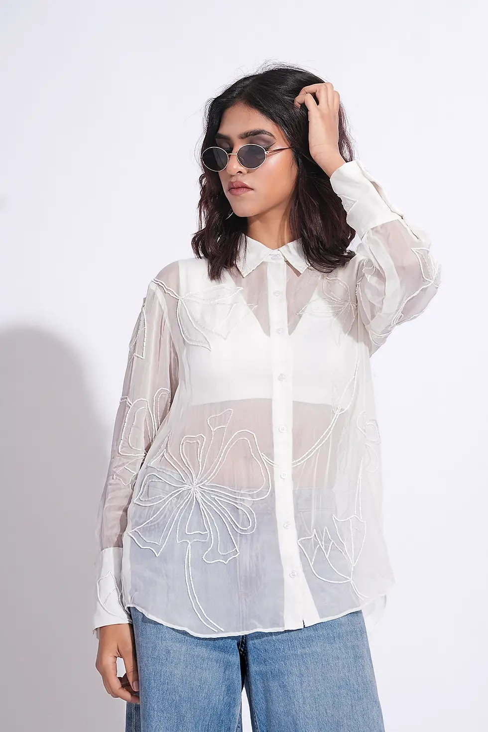 Thumbnail: White Organza Formal Shirt with Hand embroidery