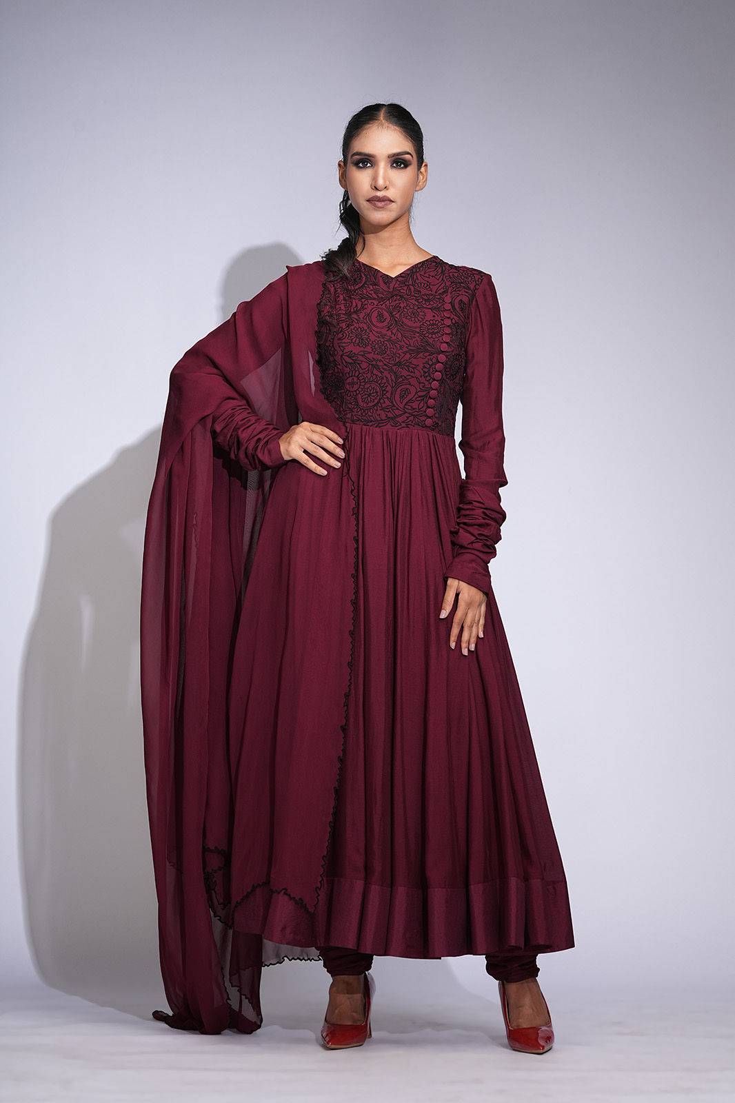 Burgundy maroon mul cotton Anarkali with black thread embroidery and georgette dupatta by SHRUTI S