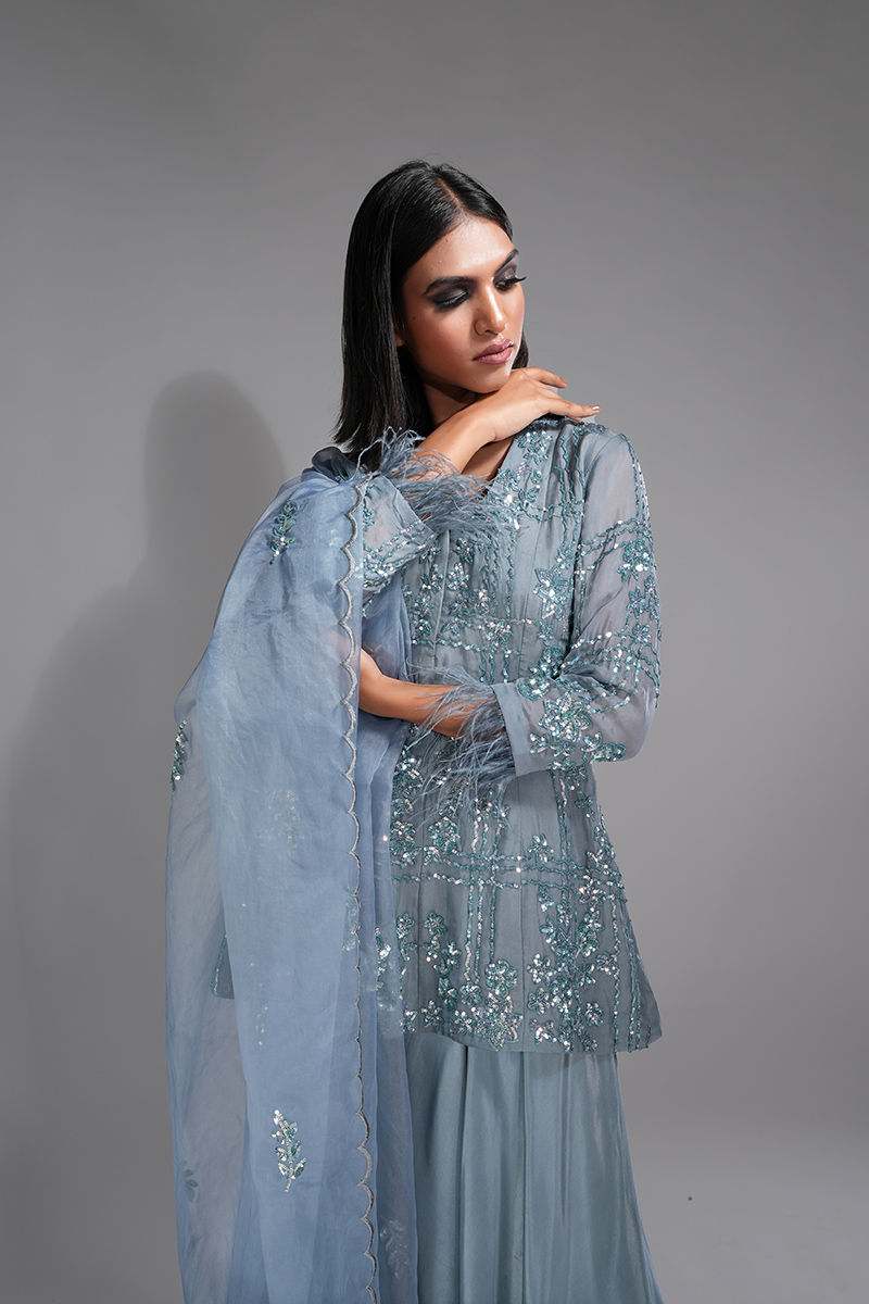 Thumbnail: Shruti S - best fashion designer from Chandigarh presents a silver blue sharara set with tone on tone embroidery.
