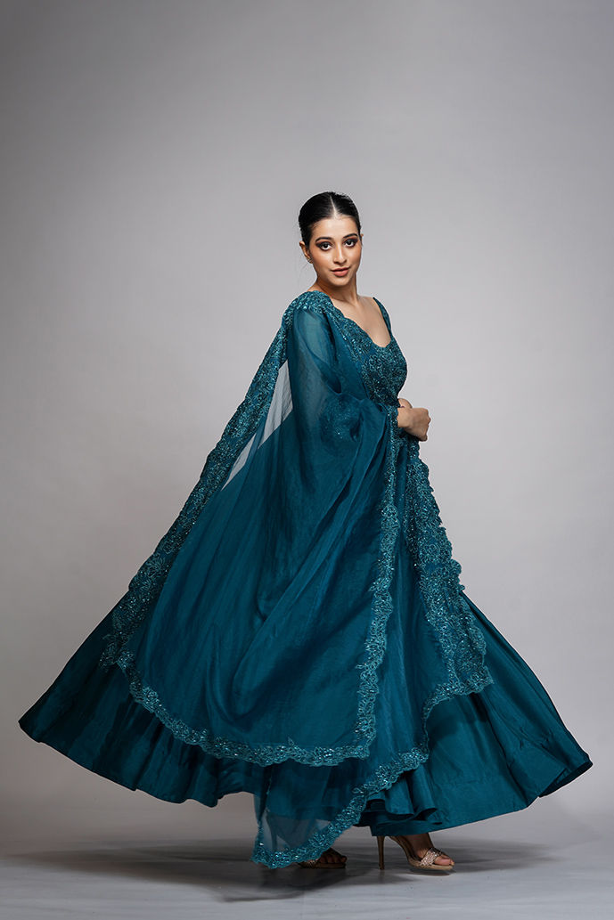 Teal Anarkali Suit with Tone-on-Tone Embroidery & Organza Dupatta | SHRUTI S