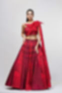 Red raw silk lehenga gown with geometric upcycled sequin embroidery by SHRUTI S