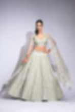 Sage green lehenga with off-white and gold embroidery, designer blouse, & scalloped dupatta – Indian bridal couture SHRUTI S