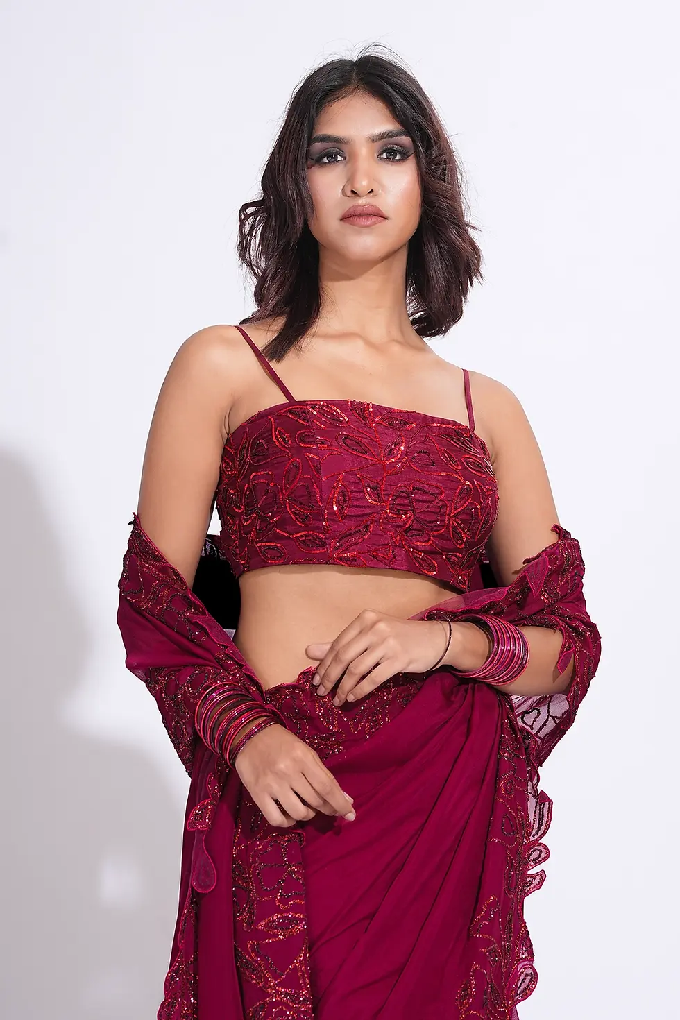 Thumbnail: Red organza sari with tone-on-tone embroidery