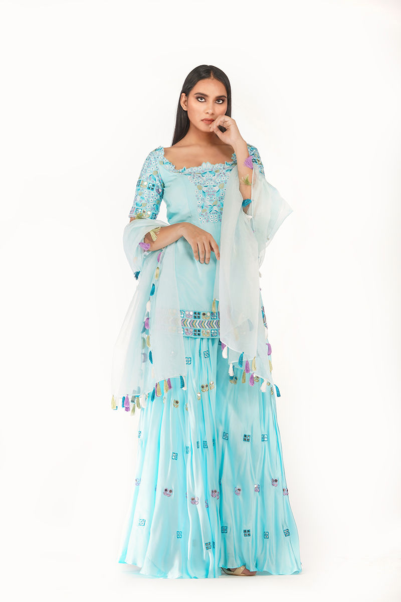 Multi-color thread and mirror work Sharara Set in powder blue color for haldi, mehendi, day functions, carnival theme