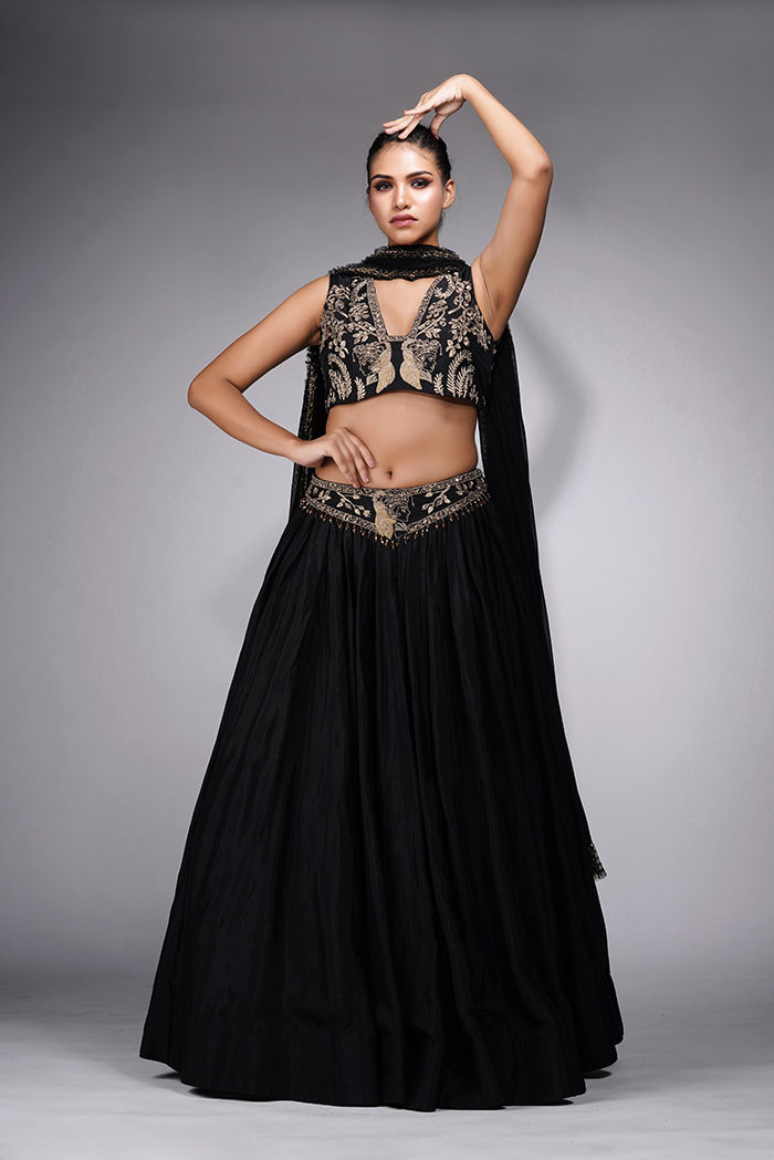 Thumbnail: Beaded tassels on lehenga belt – playful luxury by SHRUTI S Model in true black silk lehenga with frill dupatta