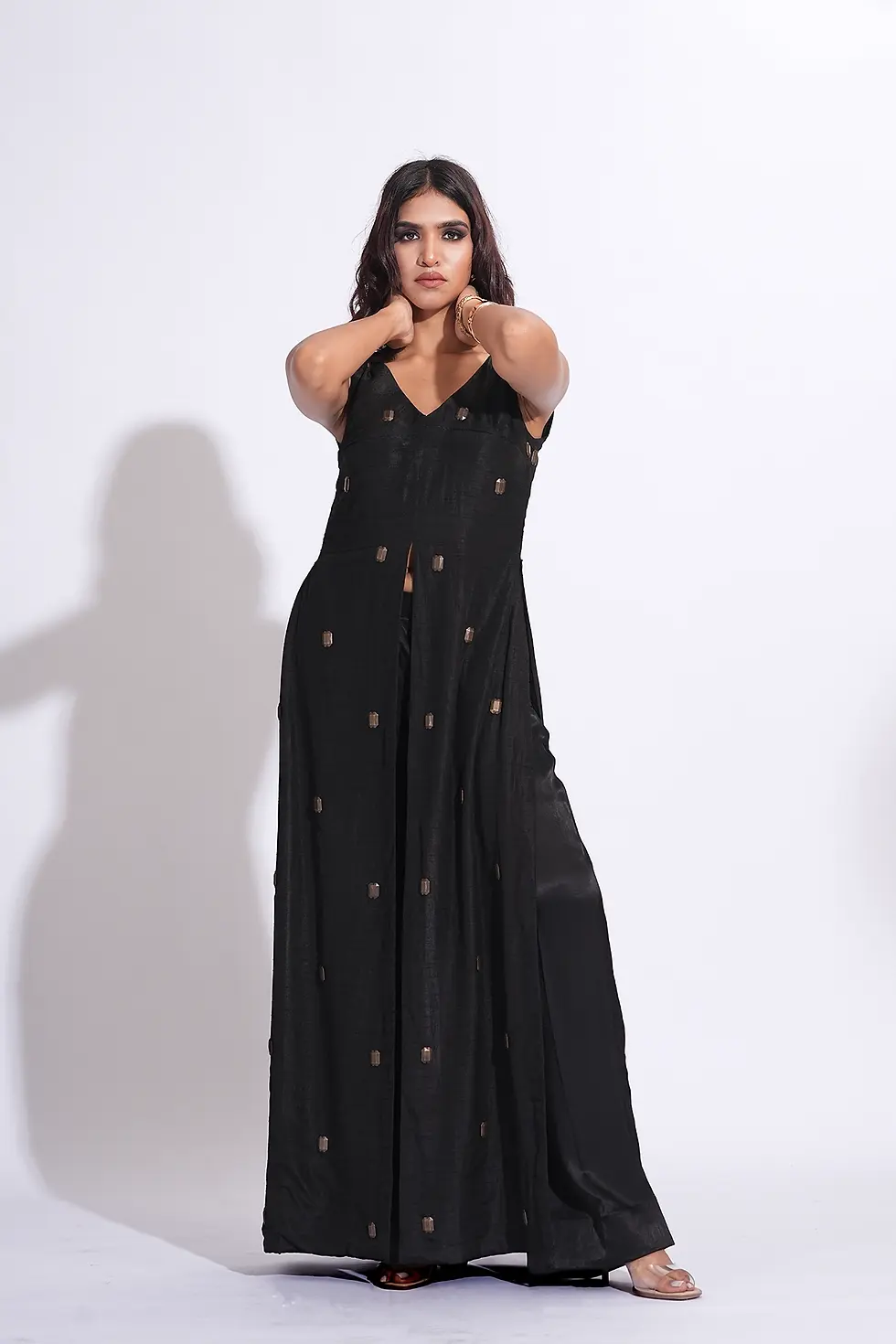 Thumbnail: Black Raw Silk indo-western coord set with floor length shirt