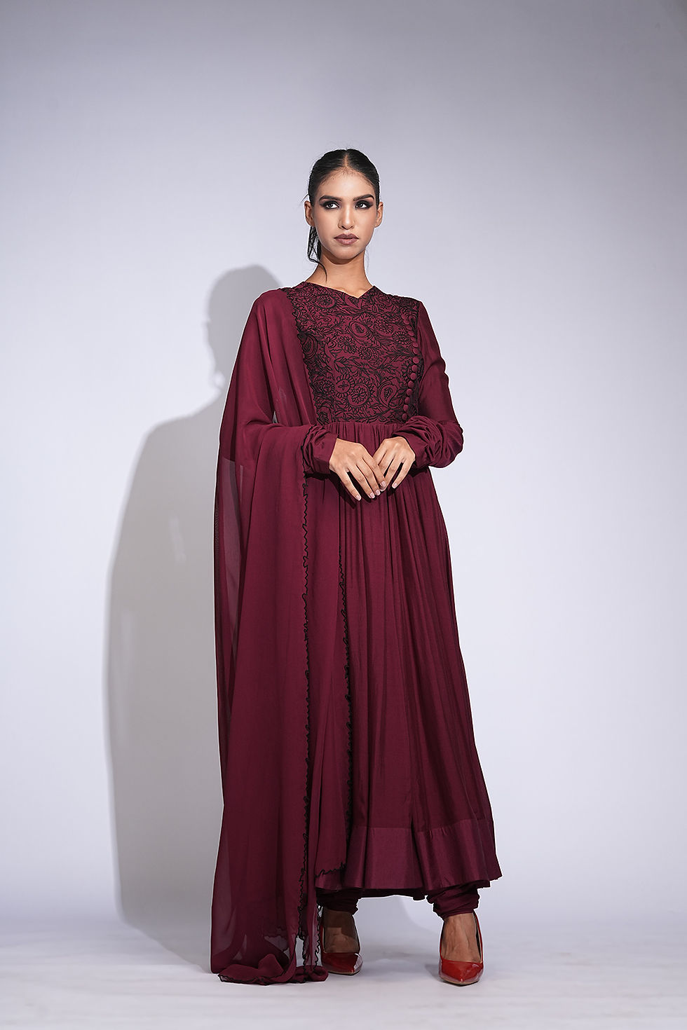 Thumbnail: Burgundy maroon mul cotton Anarkali with black thread embroidery and georgette dupatta by SHRUTI S